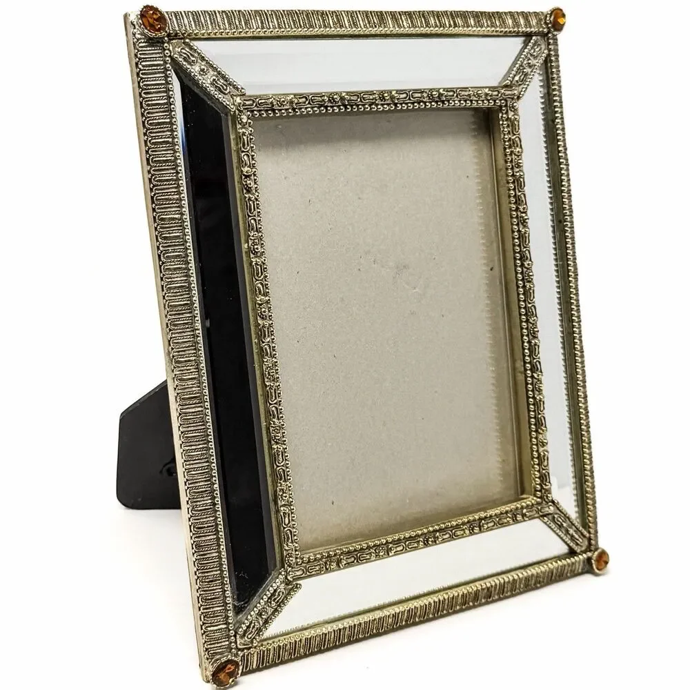 Mirrored Tabletop Picture Frame with Amber Colored Rhinestones 5x7